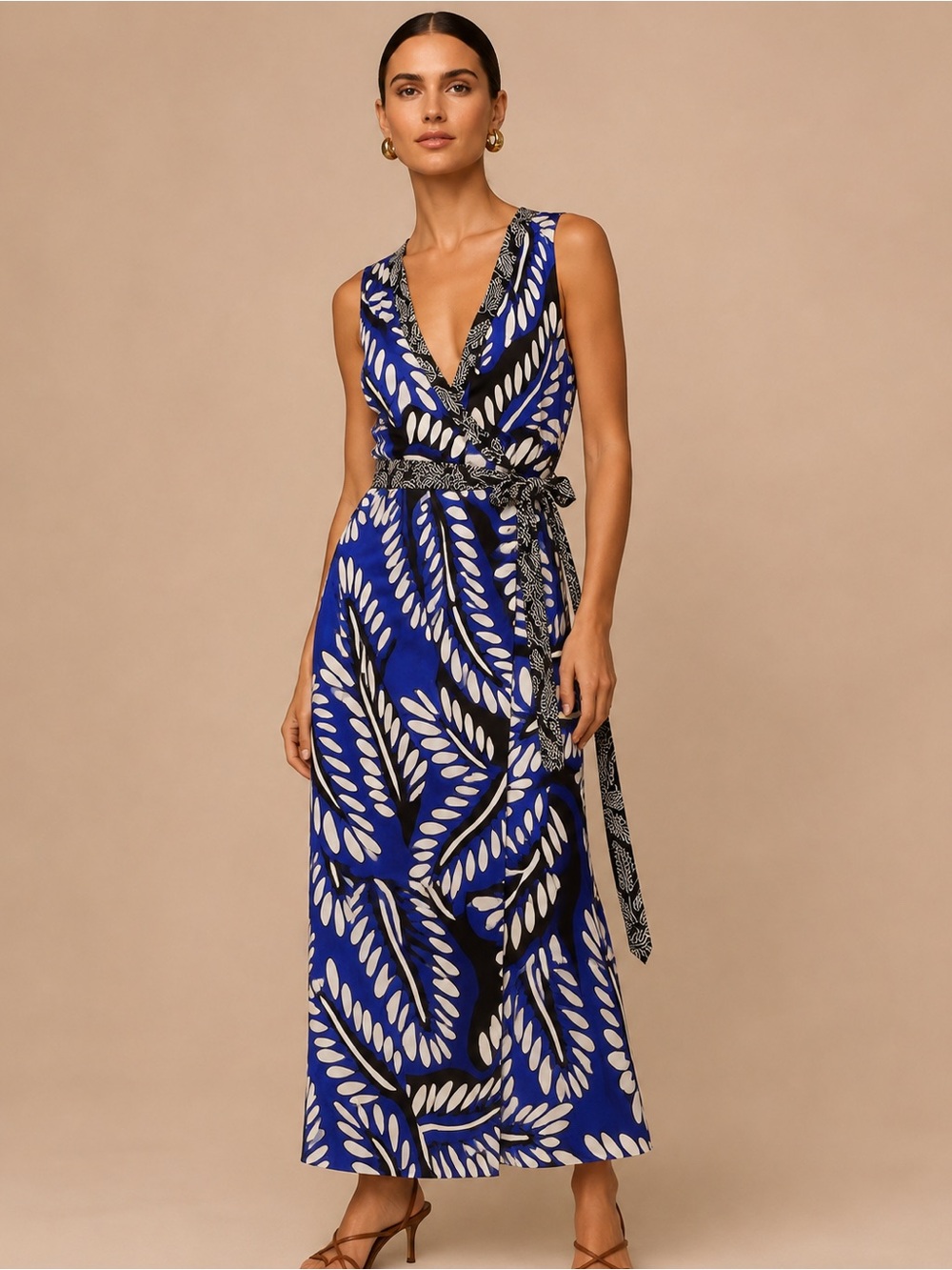 Diane Von Furstenberg Royal Blue and White Leaf-Print Wrap Maxi Dress